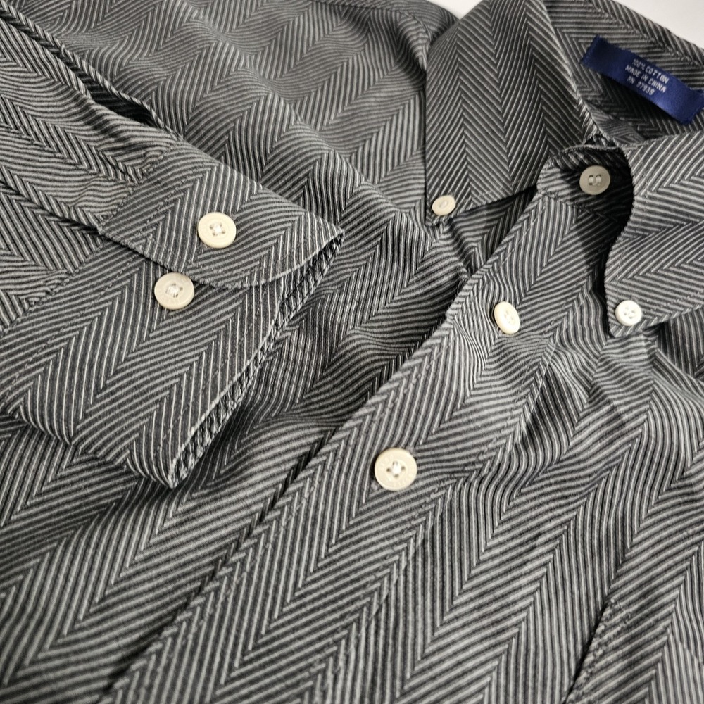 Alan Flusser Herringbone Black/Gray Button Down Shirt Mens X-Large 100% Cotton